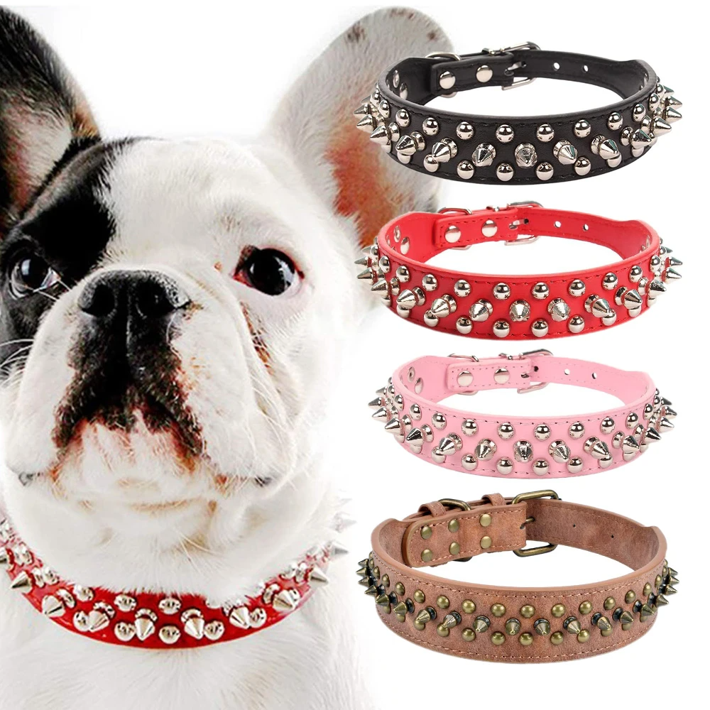 Spiked Studded Leather Dog Collar Rivets Pet Small Large Cat Pit Bull Adjustable